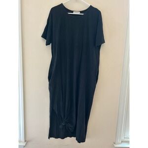 Mododoc Los Angeles Black T-Shirt Dress Midi Length With‎ Knot Pockets